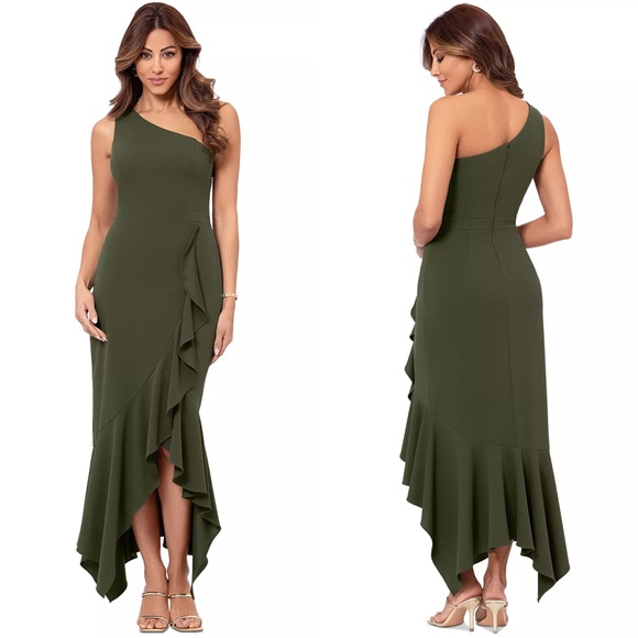 NEW XSCAPE Olive Green ONE SHOULDER Ruffle Hem HIGH-LOW Dress GOWN 10 - Picture 1 of 11